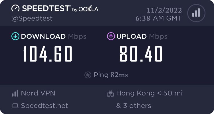 使用NordVPN連接到香港地區的速度